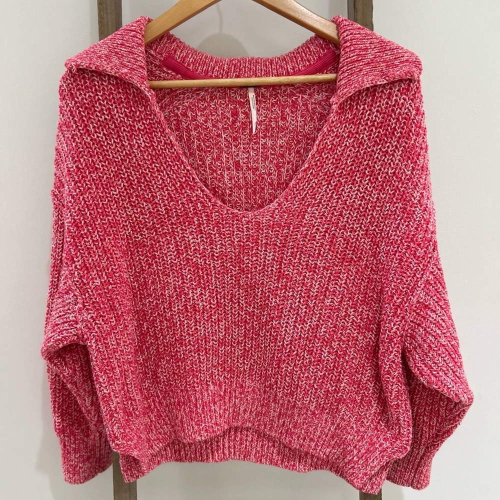 Free People Love This City Sweater Collared Cropped Pink Cotton Women’s Size S